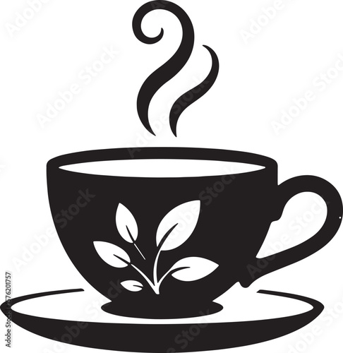 Warm Coffee Cup with Steam and Leaf Design Silhouette