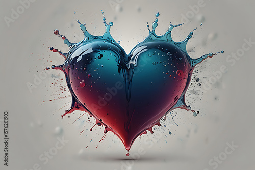 Broken heart bleeding with shattered glass and splashes of red.