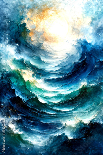 Sunlit Celestial Ocean Waves in Abstract Light, Dreamlike Flow of a Cosmic Sea -Generative AI
