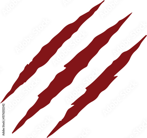 Vector illustration of three jagged red claw marks scratched across a white background, symbolizing wild nature, strength, aggression, and animalistic intensity. Ideal for use in horror themes, sports