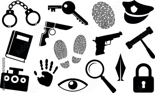 Collection of black silhouette icons representing crime investigation and law enforcement tools