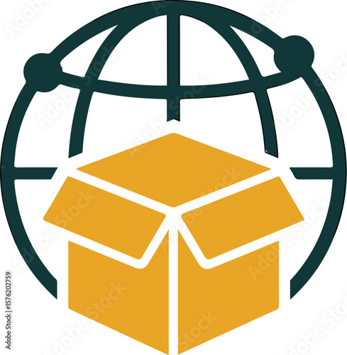Minimal vector icon showing an open yellow delivery box placed in front of a dark green globe with latitude and longitude lines, symbolizing global logistics, international shipping, and worldwide dis