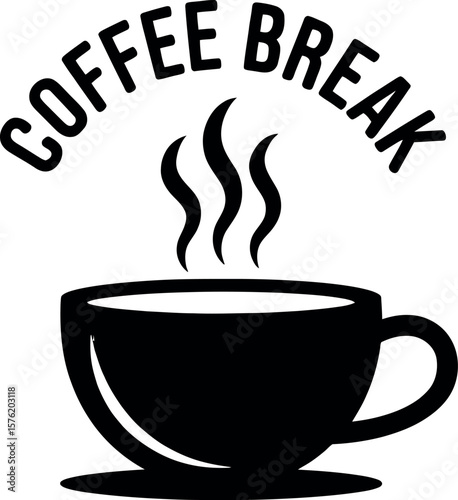 Simple black and white illustration of a steaming coffee cup with the words coffee break