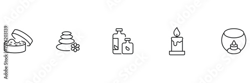Aromatherapy relaxation icon set with spa stones scented candle oil bottles scrub and jar vector illustration.