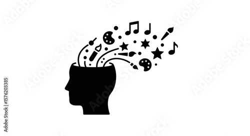 Creative mind with art and music symbols isolated on white background