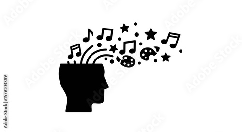Creative mind with music and art symbols isolated on white background