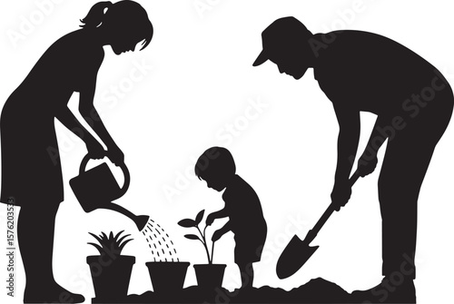 People Gardening and Planting in Nature Silhouettes