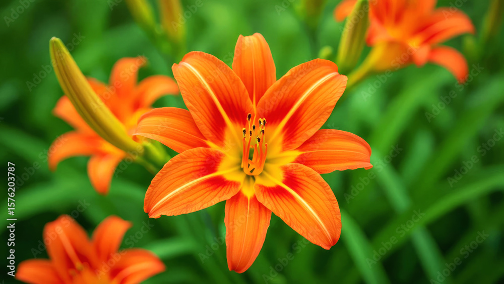 Fototapeta premium Close-up of a single, bright orange daylily flower in full bloom, surrounded by other blossoms and lush green foliage. Perfect for nature, floral, and summer designs.