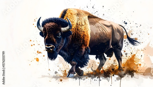 Majestic Bison Illustration with Realistic Detail and Colorful Splatter