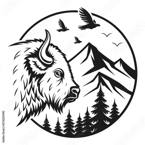 Majestic Bison Profile: Monochrome Mountain Landscape with Birds in Flight, Vintage Style Illustration