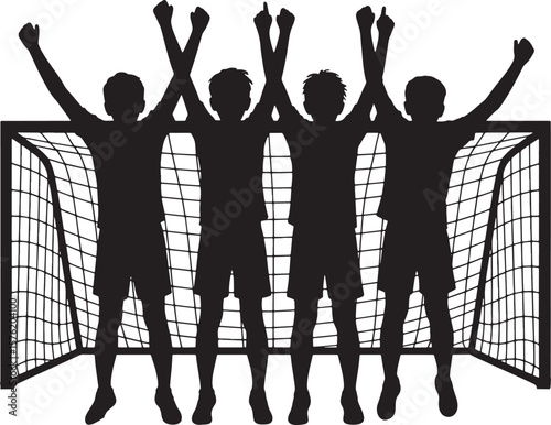Soccer Football Team Celebrating Goal in Front of Net Silhouettes