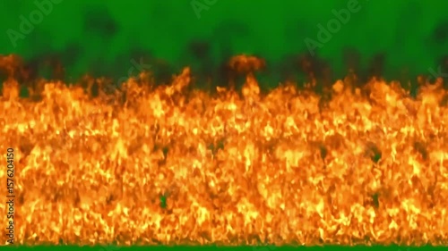 Animated fire wall with smoke on green screen background for visual effects