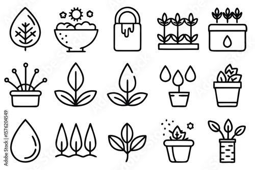 Garden plant growth and care icons plants