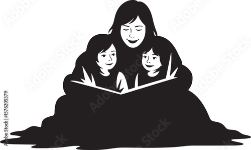 Mother Reading Storybook to Children Silhouette, Family Bonding