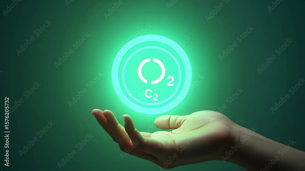 Flat Hand holding holographic green CO2 emission symbol showing carbon ...