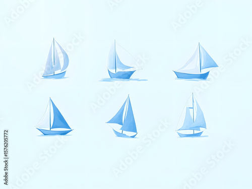 Six Blue Sailboats Floating isolated on a transparent background