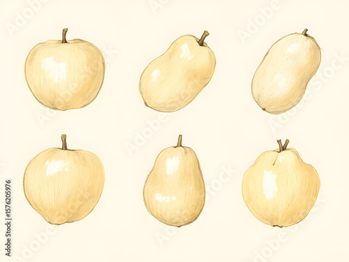Six pale yellow fruits isolated on a transparent background