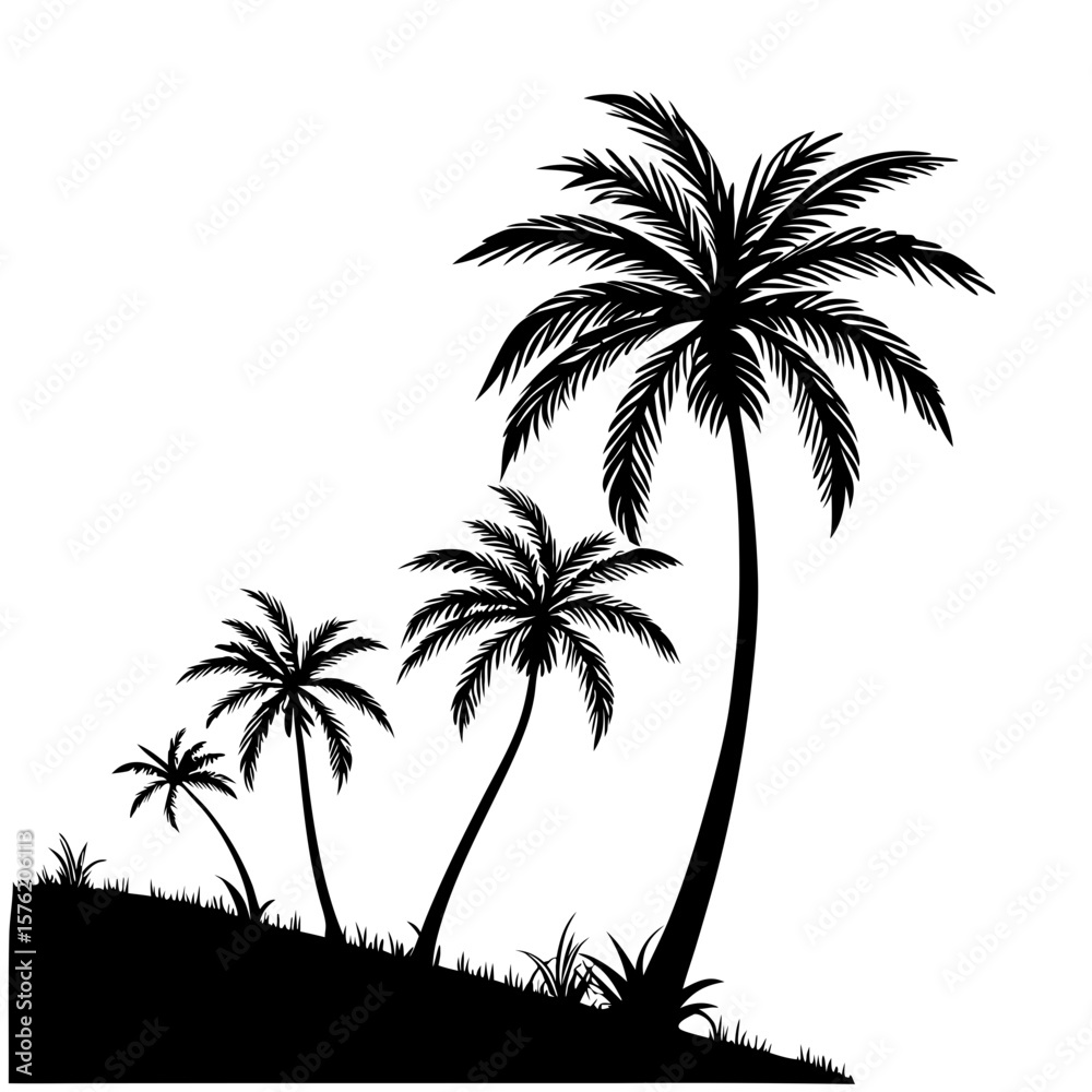Fototapeta premium Silhouettes of Tropical Palm Trees on a Hillside