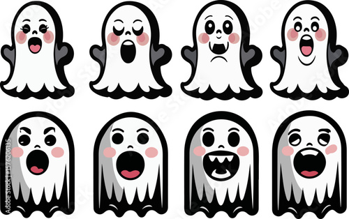 Set of cute halloween ghost characters with various expressions 