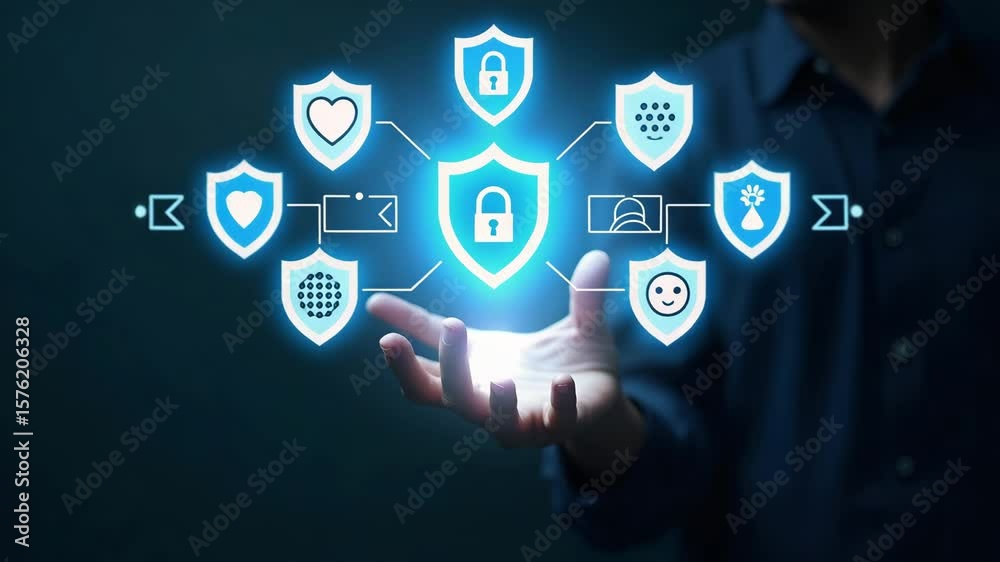 Flat Hand interacting with holographic two factor authentication device showing shield 2FA secure access icons in empty space concept as Hand interacts with holographic two factor authentication devic