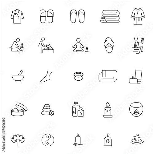Relaxing wellness spa icon set with massage robe candle towel incense bowl flipflop and lotus flower vector illustration.