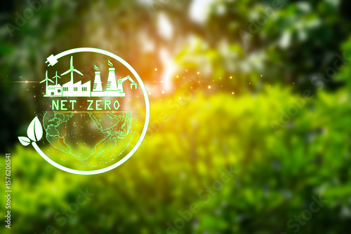 Net Zero Greenhouse Gas Emissions Concept and Net Zero Carbon Emissions Target, Climate Neutral on Green Background. Carbon Neutrality and AI Industry 5.0 Concept