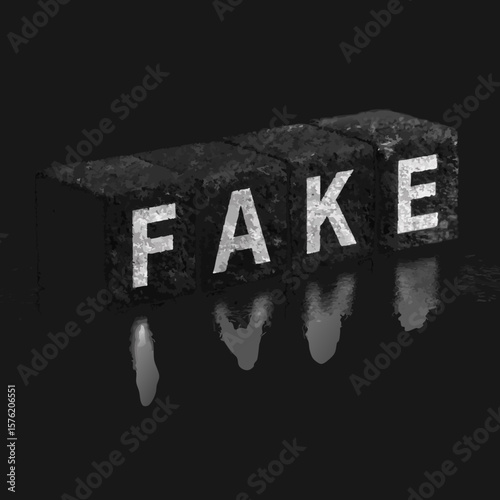 black cubic blocks spelling out the words fake and fact placed side by side on a dark reflective surface symbolizing misinformation and truth 
