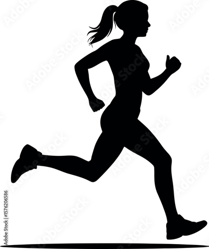 Silhouette of a woman running with her hair in a ponytail on a white background