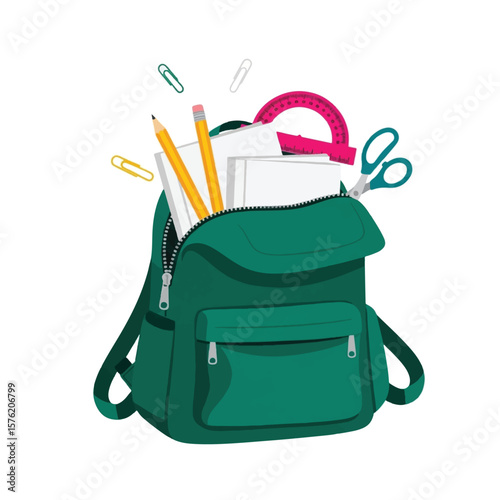A teal backpack overflowing with school supplies, ready for learning.