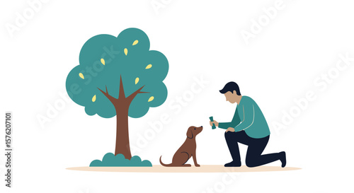 Man kneeling giving treat to loyal dog under large green tree outdoors