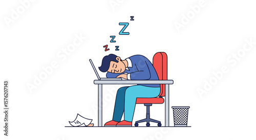 Overworked employee sleeping at desk exhausted from long hours and deadline pressure