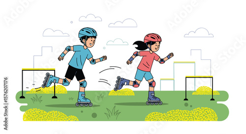 Children enjoying inline skating through an outdoor obstacle course
