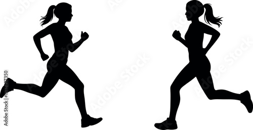 Two female runners in silhouette running side by side against a white background