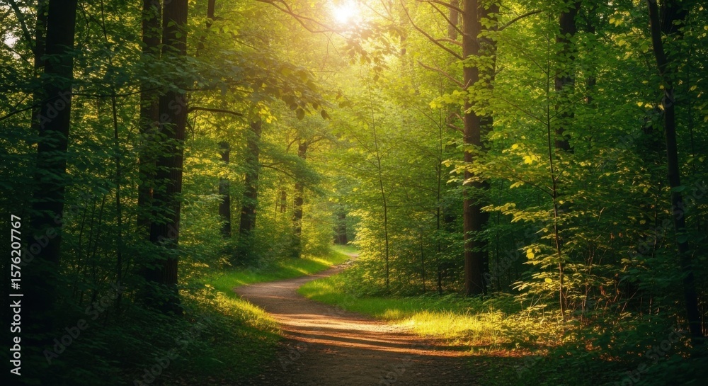 Fototapeta premium Sunlight filters through vibrant green trees onto a winding forest path