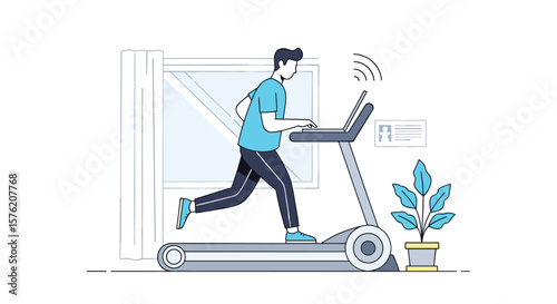 Man running on treadmill using laptop working out at home