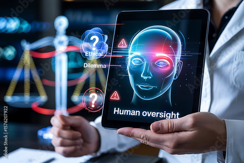 Human oversight in artificial intelligence and ethical dilemmas with scales of justice