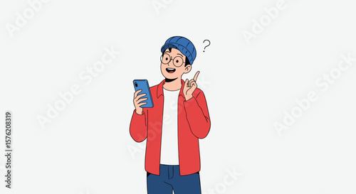 Excited young person holding a smartphone and gesturing with a curious expression
