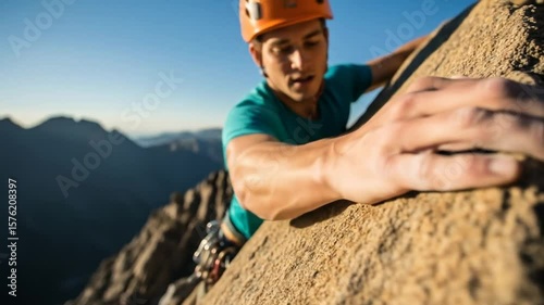 Adventurous Rock Climber Ascending Mountain Face with Protective Helmet and Gear