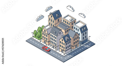 Charming pixel art townscape with a red car driving on the street