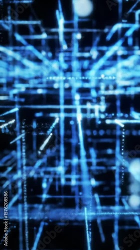 A vast, intricate digital data grid with interconnecting electric blue, sapphire, and ice white lines glowing and pulsing with sparkling data points against a deep black void. A slow tracking video