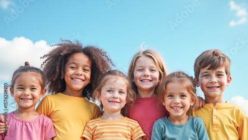 An international group of happy children poses against the background of the blue sky