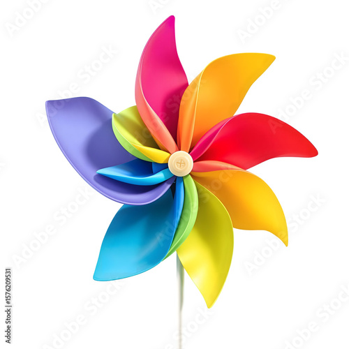 Brightly colored rainbow pinwheel toy on a white background