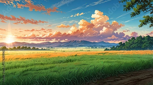 Savannah landscape drawn in anime style with Trees and Mountains