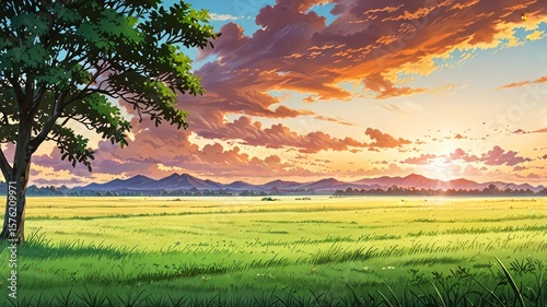 Savannah landscape drawn in anime style with Trees and Mountains