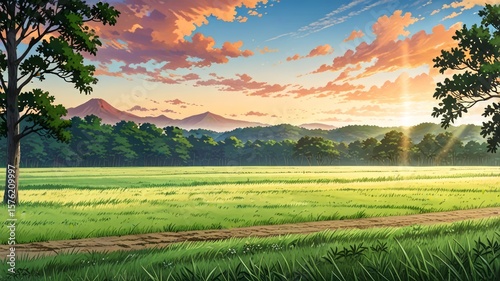 Savannah landscape drawn in anime style with Trees and Mountains