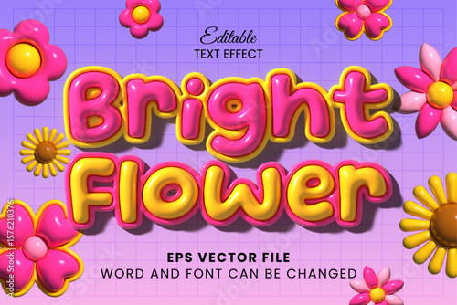 Bright flower 3d inflated text effect. Glossy inflate vector text effect