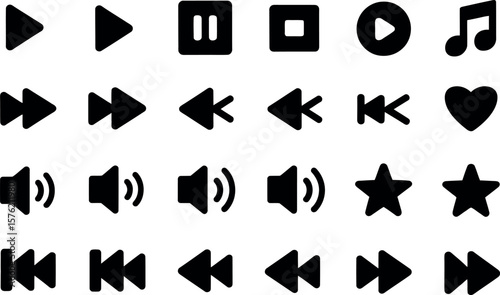 Collection of black media player icons including play pause stop rewind fast forward volume and favorite