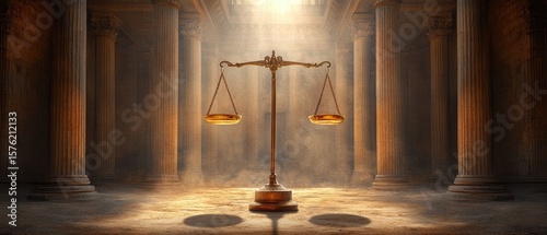 Golden scales of justice in a historical hall.