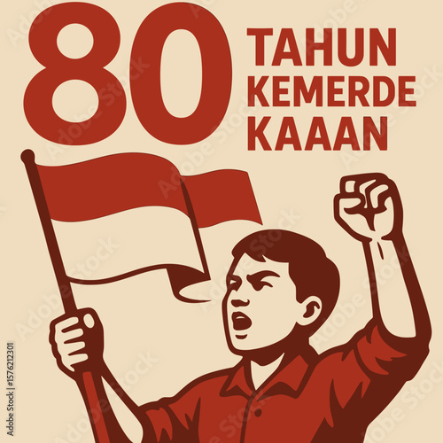 Commemorating eighty years of Indonesian independence with patriotic fervor and a raising flag, perfect for celebratory designs.