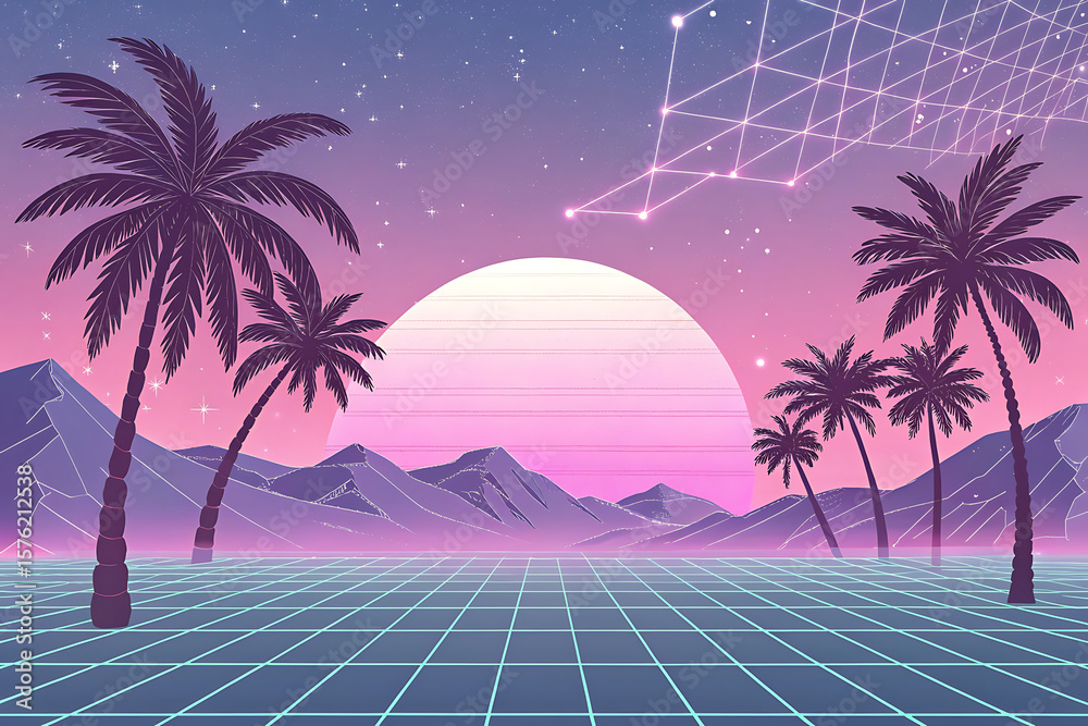 Naklejka premium Retro synthwave landscape with palm trees mountains and neon grid floor